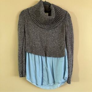Luxe Essentials Denim Cropped Gray Cowl Neck Sweater attached to Chambray Shirt